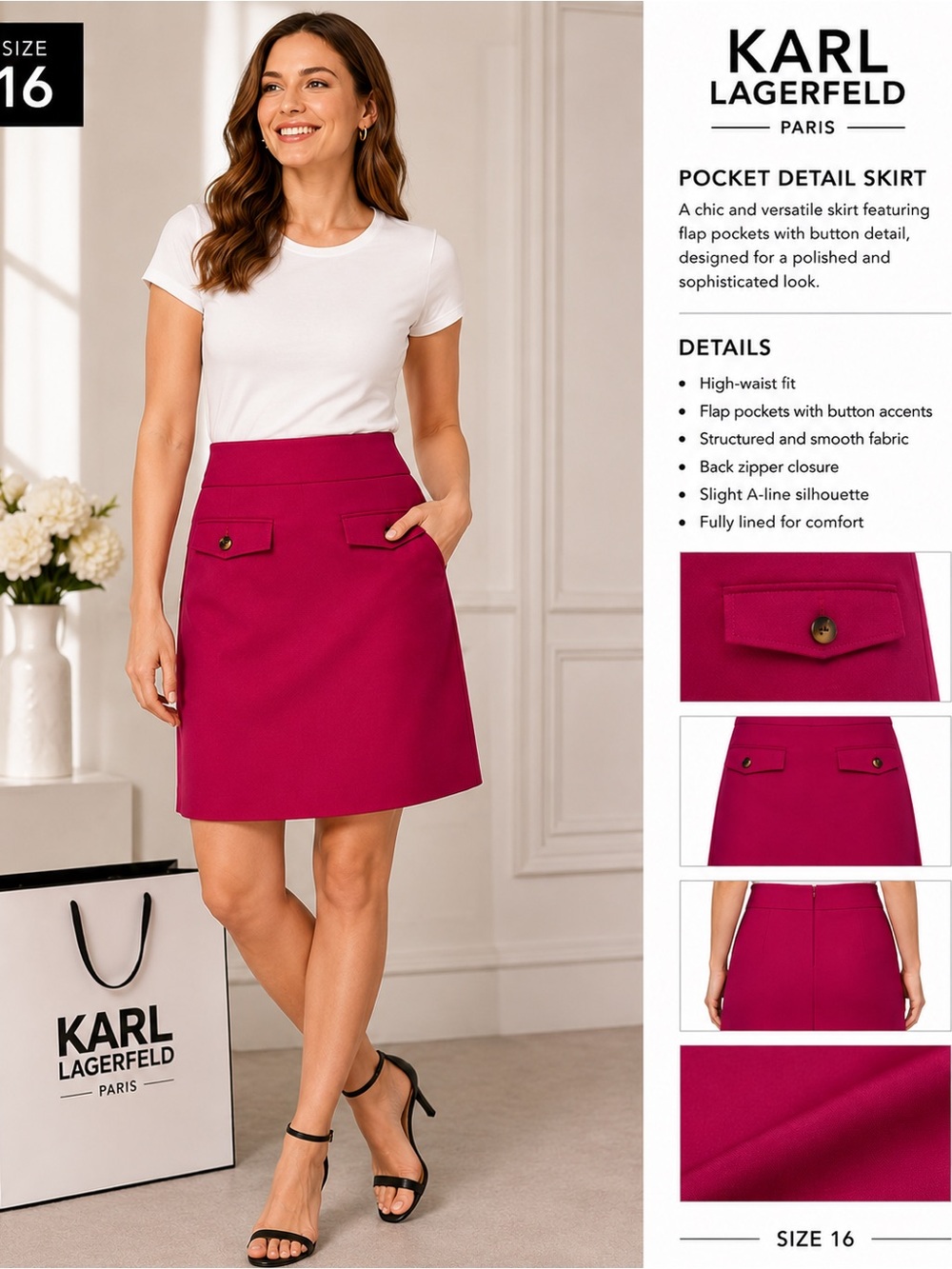 Karl Lagerfeld Fuchsia A-Line Skirt with Pocket Flaps